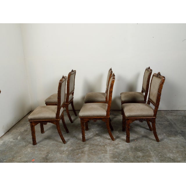 Set of Eight 1920s Black Forest Dining Room Chairs with Hand-Carved Floral Décor For Sale - Image 9 of 12