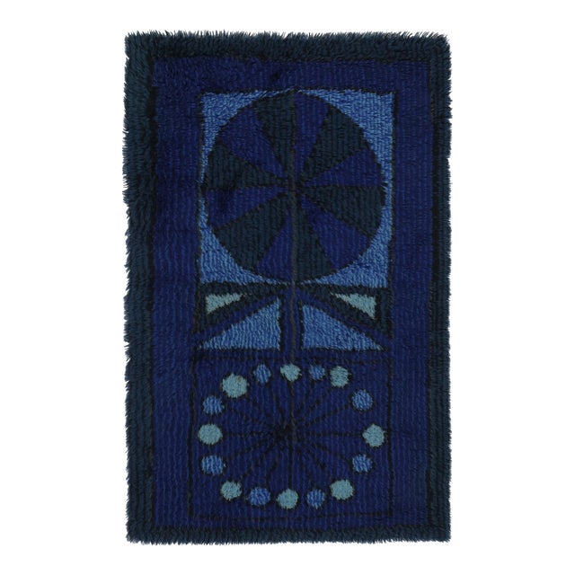 Vintage Swedish Rya Rug With Blue and Charcoal Geometric Pattern - Rug & Kilim For Sale