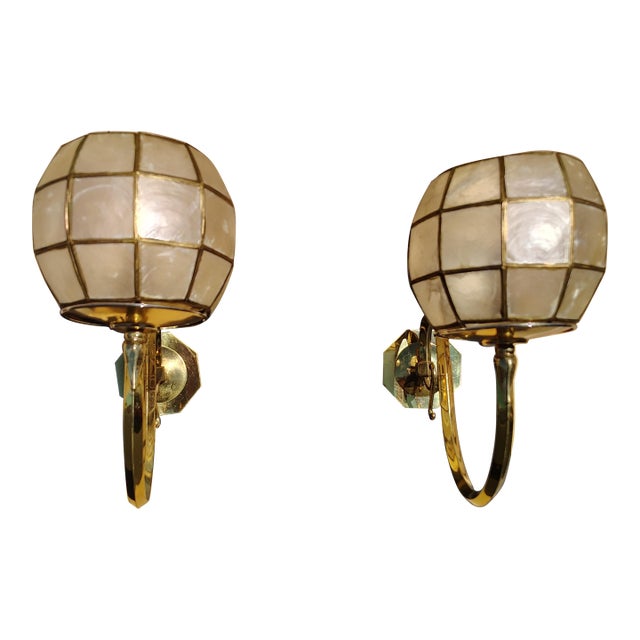 1960s A Pair of Vintage Brass Wood and Capiz Shell Wall Light For Sale