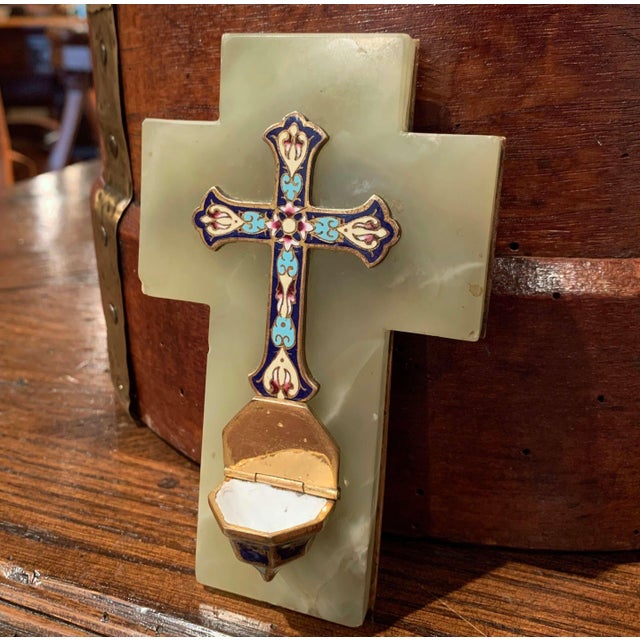 Late 19th Century 19th Century French Brass & Champleve Cross With Holy Water Font on Green Marble For Sale - Image 5 of 7
