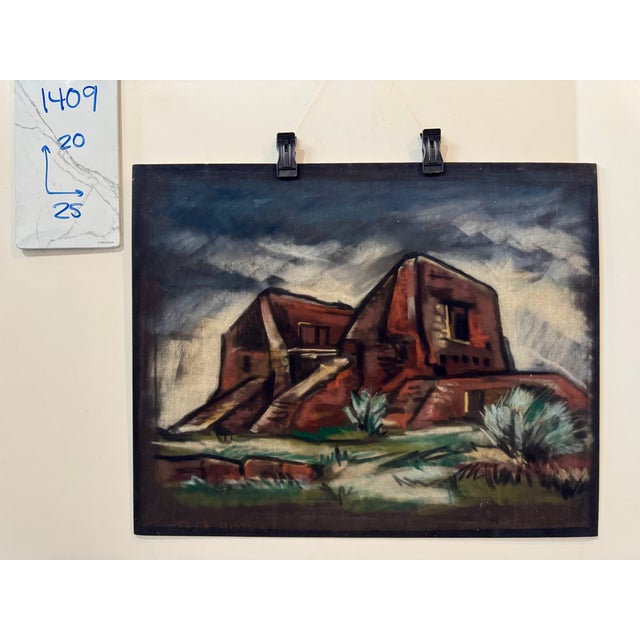 Brick Red Henry Emil Salloch Original Pastel on Paper Pecos Mission, 1959 For Sale - Image 8 of 8
