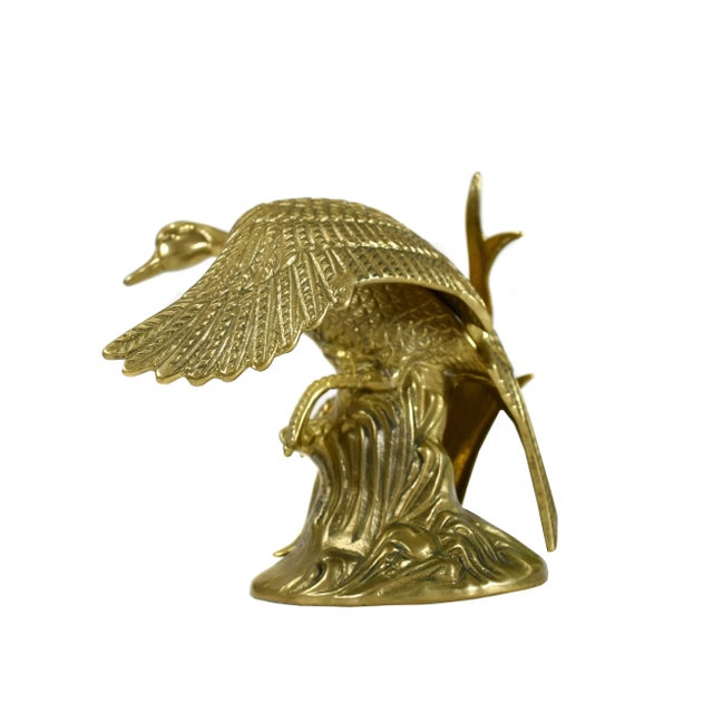 Mid 20th Century Vintage Handmade Solid Brass Open Wings Flying Goose Swan Duck Bird on Grass Figurine For Sale - Image 5 of 9