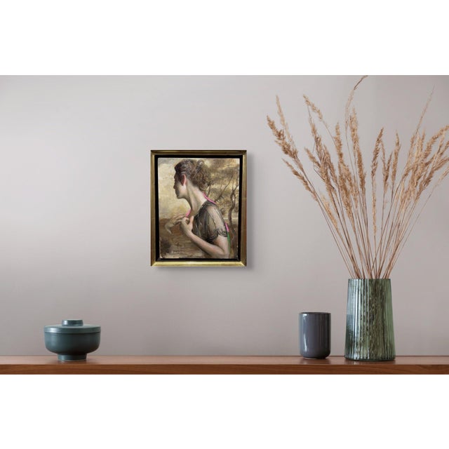 The painting features a figure in profile, exuding a sense of contemplation and nostalgia. The muted earth tones create a...
