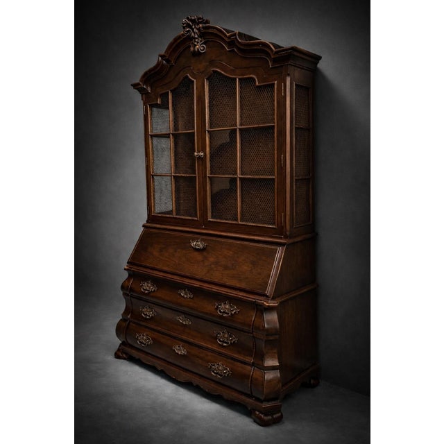 Vintage Henredon Architectural Secretary Desk With Brass Mesh Doors & Bombe Drawers – Rich Dark Walnut Finish For Sale In Los Angeles - Image 6 of 8