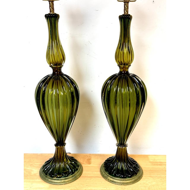 Mid 20th Century Pair of Barovier & Toso Ribbed Olive Verde Murano Glass Lamps, Circa 1955-1965 For Sale - Image 5 of 18