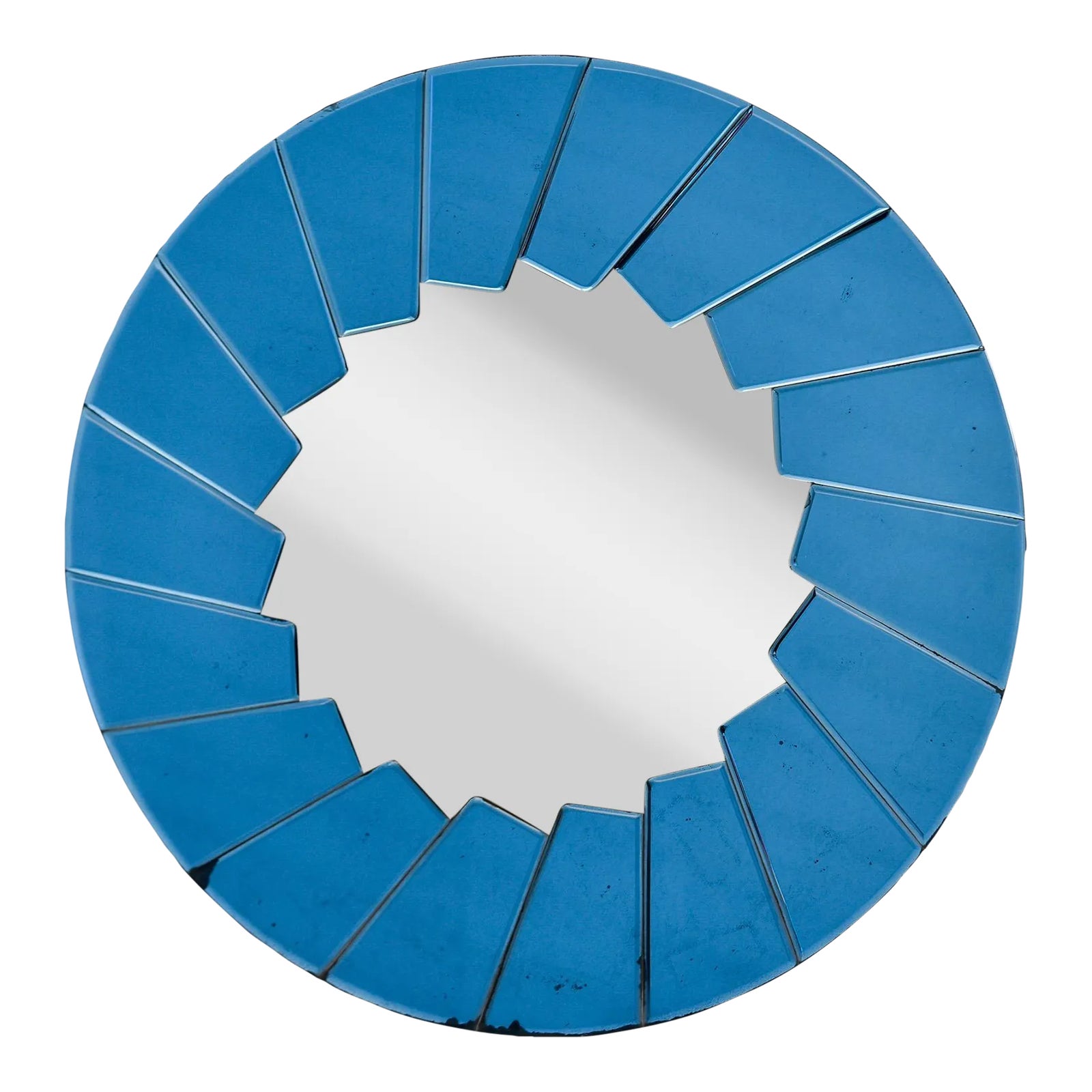 Italian Modernist Round Mirror With Blue Mirrored Edging | Chairish