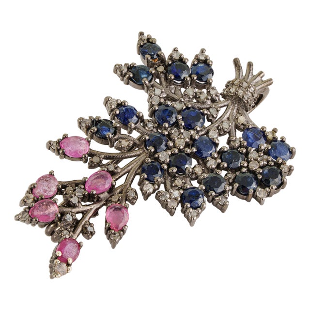 Late Victorian Style 5 Ct Blue Sapphire, Ruby & Diamond Jeweled Spray Brooch Pendant For Sale