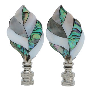 Mother or Pearl Mosaic Leaf Lamp Finials - a Pair For Sale