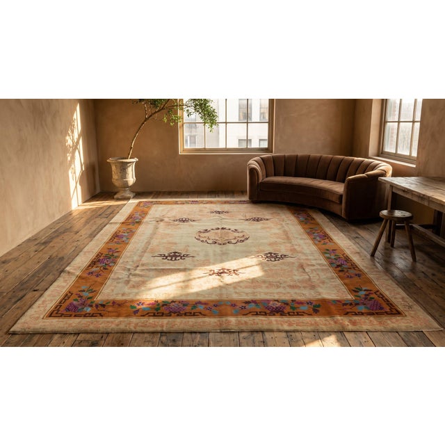 1920s Orange Medallion Antique Chinese Art Deco Rug 9' X 11'8"wool Handknotted Carpet For Sale - Image 9 of 9
