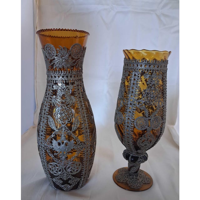 Art Nouveau Pair of Antique Bohemian Amber Glass Vases With Elaborate Silver-Plated Filigree & Imperial Double-Headed Eagle Mounts (C. 1900) For Sale - Image 3 of 12