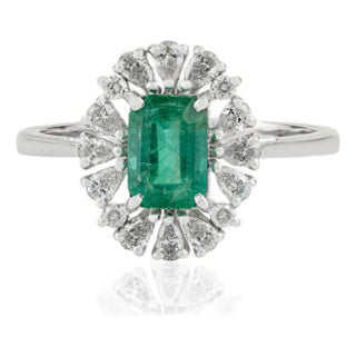 Natural Emerald Pear Diamond Halo Art Deco Ring Size 8 in 14k White Gold For Sale