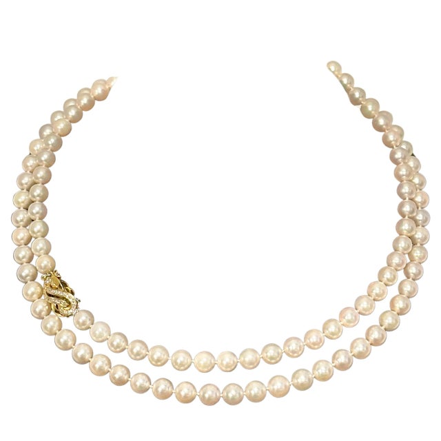 Vintage Cultured Akoya Pearl Strand Necklace Opera Length with Diamond Clasp For Sale - Image 15 of 18