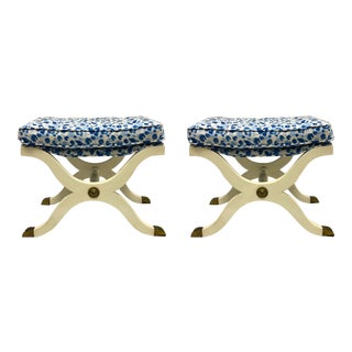 Mid-Century Blue & White Dorothy Draper Style Henredon Ottomans For Sale