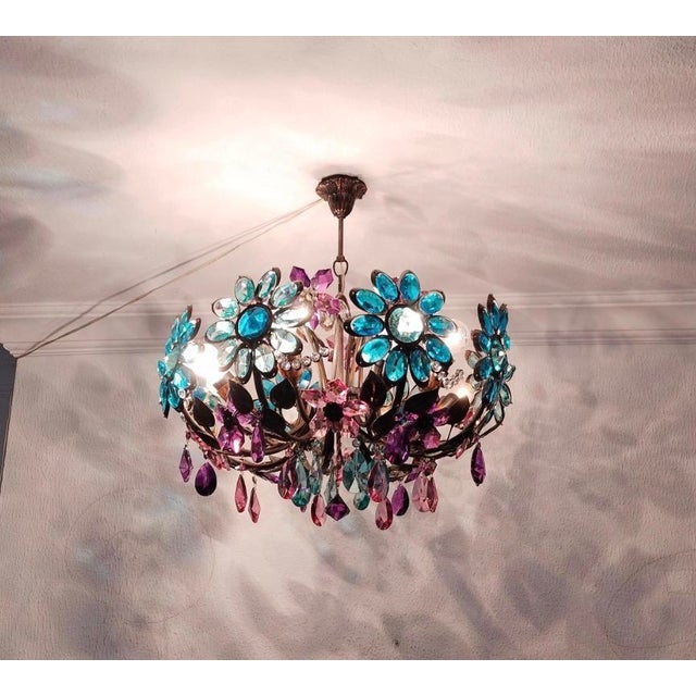 Large Vintage Chandelier Crystal Antique Different Daisy Colourful Hand Painted 8 Lamps Bohemian Light For Sale - Image 9 of 10