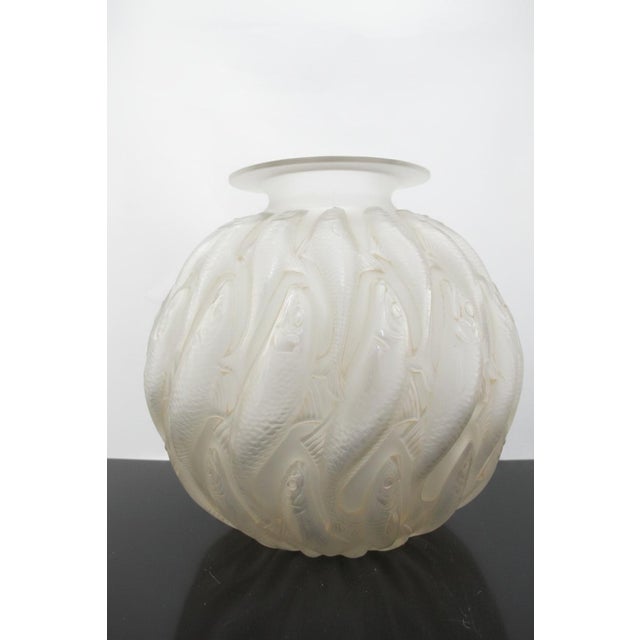 Rene Lalique France "Marisa" large art glass vase created in the 1920's. Molded vertical fish pattern in frosted glass...