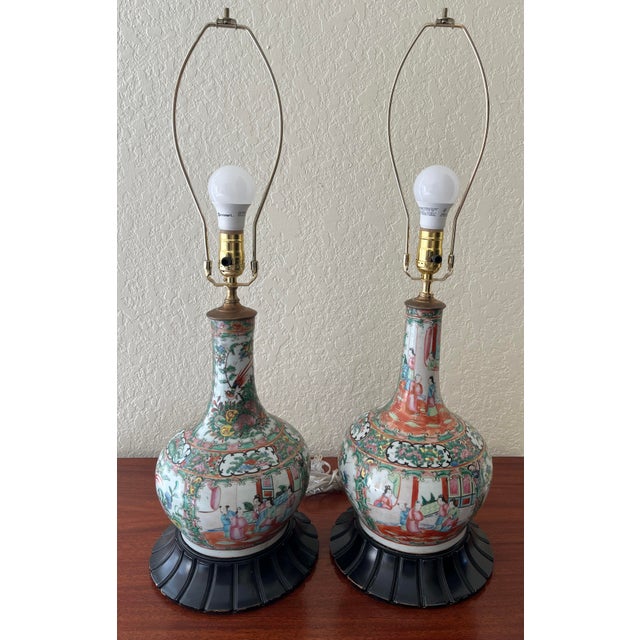 Green Mid 20th Century Famille Rose Lamps - A Pair For Sale - Image 8 of 15