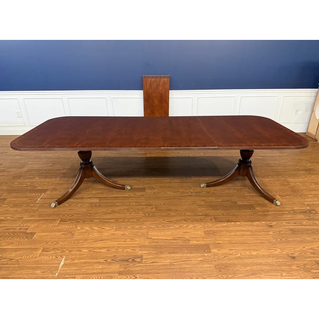 Traditional Banded Double Pedestal Mahogany Dining Table by Leighton Hall - Showroom Sample For Sale - Image 11 of 18