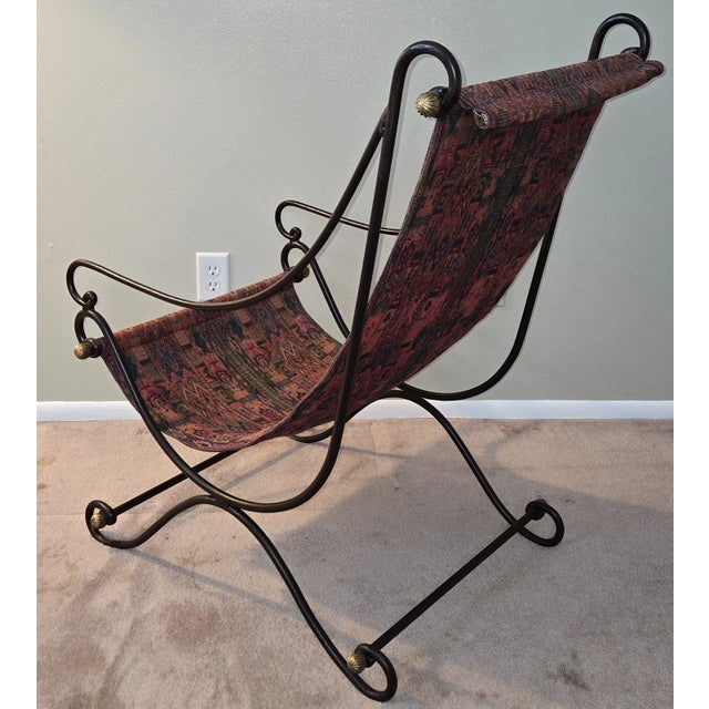 1980s 1980s Attributed to David Hicks Wrought Iron Tapestry Sling Chair With Brass Finials For Sale - Image 5 of 16