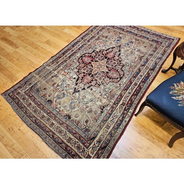 19th Century Persian Kerman Lavar Area Rug, Handwoven Floral Pattern, Ivory & Red, 5’ X 8’ For Sale - Image 4 of 12