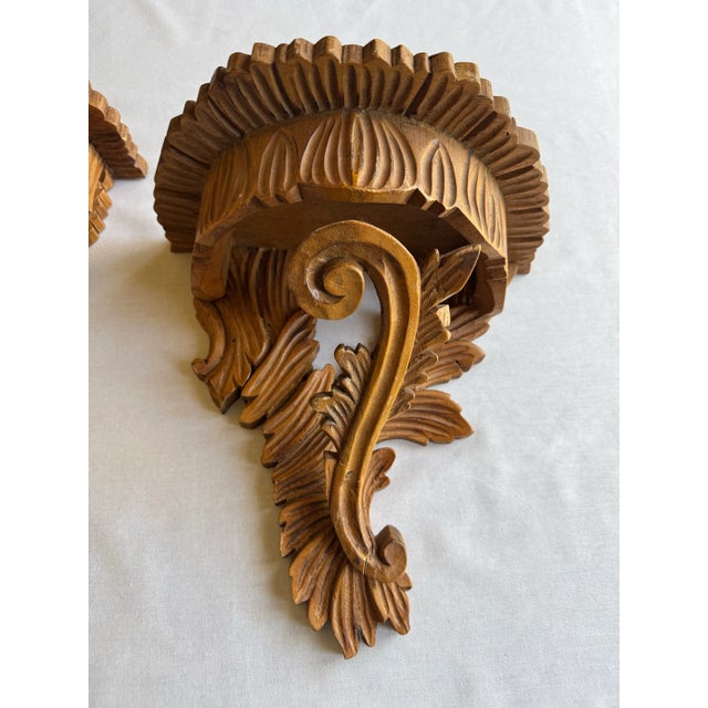 Antique Italian Rococo Revival Hand Carved Solid Wood Wall Shelves, a Pair For Sale - Image 4 of 12
