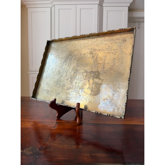 Chinese Antique Early 20th Century Engraved Chinese Brass Opium Tray With Scalloped Rim For Sale - Image 3 of 17