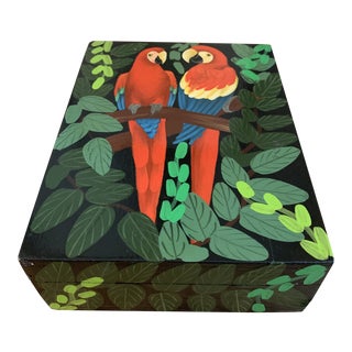 Vintage Lacquered Hand Painted Tropical Parrot Box For Sale