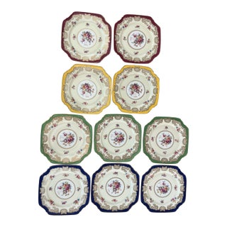 Vintage Pt Bavaria Tirschenreuth Decorated Own Studios Multicolor Blue Green Yellow Burgandy Gold Plates - Set of 10 For Sale
