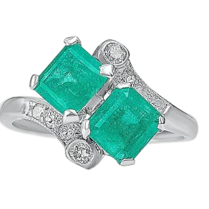Vintage Art Deco Two Stone Bypass Natural Emerald Platinum Ring Size 8.5