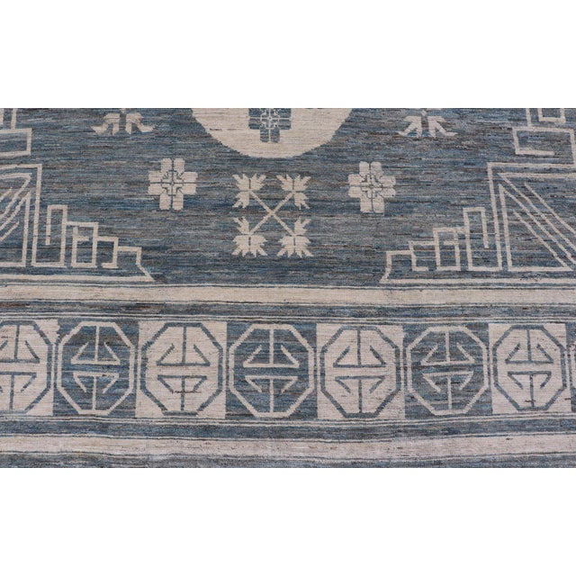 Modern Khotan Rug With Circular Medallions in Shades of Steel Blue & Off White 10'6 X 16'3 For Sale - Image 4 of 11