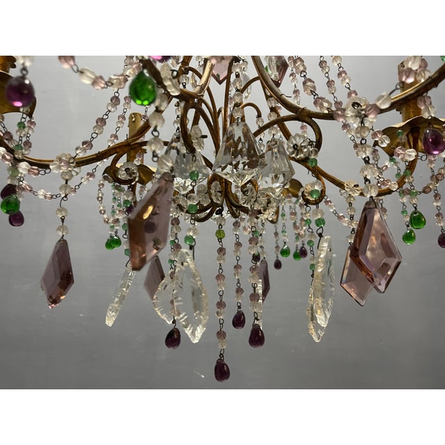 Italian Florentine Tole Gilt Murano Glass Beaded 6-Light Chandelier, 1950s For Sale - Image 15 of 17
