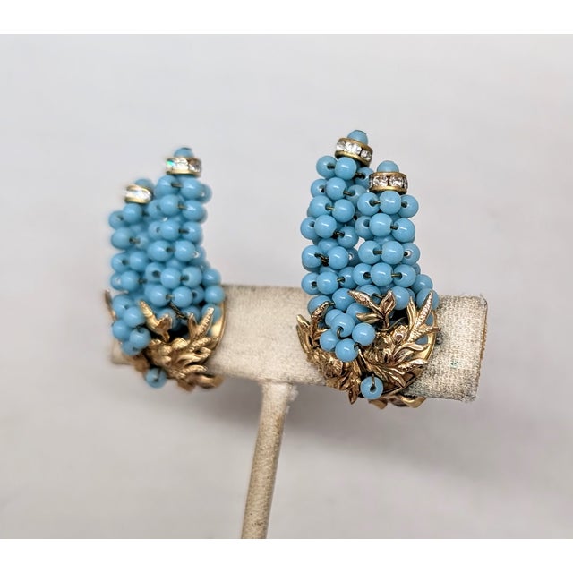 Hattie Carnegie Vintage 1950s Signed Hattie Carnegie Goldtone Faux-Turquoise Beaded Clip Earrings-2 Pieces For Sale - Image 4 of 7