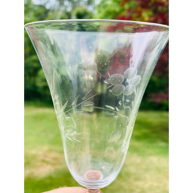 Vintage Clear Floral Etched Wine Glasses Set of 5 For Sale - Image 4 of 6