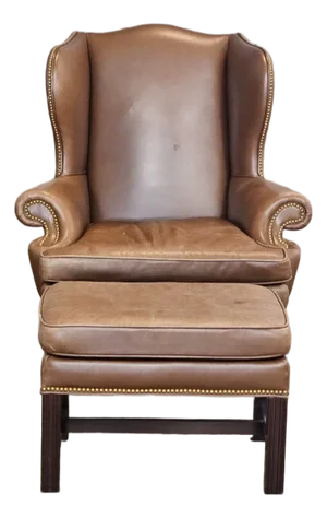 Late 20th Century Brown Leather Mahogany Chippendale Wing Chair With Matching Ottoman Footstool