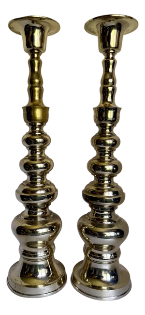Vintage Pair of Brass 25" Tall Floor Candle Holder Candle Stands