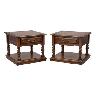 Pair of Cal Shops Solid Wood Traditional Nightstands With Turned Legs & Lower Shelf For Sale