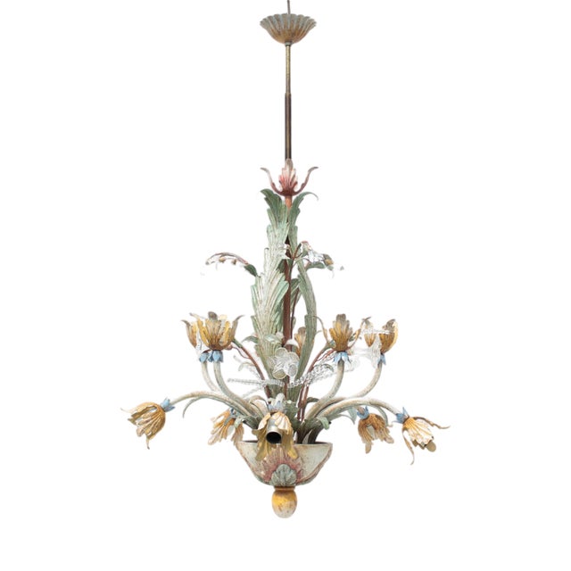 Floral Chandelier in Pastel Colors with Crystal Glass, 1970s For Sale