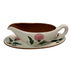 Mid 20th Century Stangl Pottery Pink Thistle Gravy Boat & Underplate Set