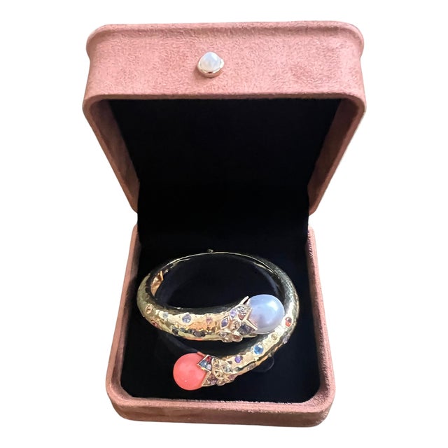 Bochic “Orient” Sapphire, Coral & South Sea Pearl Bangle Set 18K & Silver For Sale