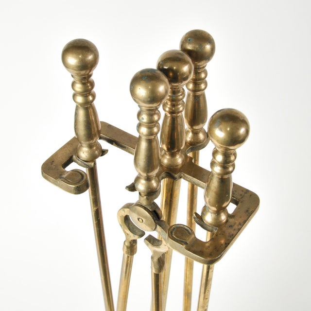 Brass Vintage Brass Fireplace Tool Set 4-Piece Set With Art Deco Stand For Sale - Image 8 of 15