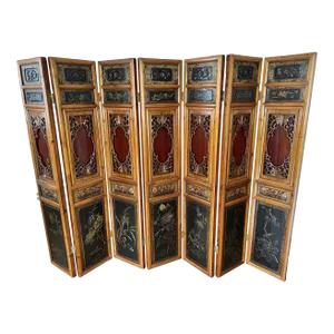 19th Century Antique Carved Chinese Seven-Panel Room Divider Screen