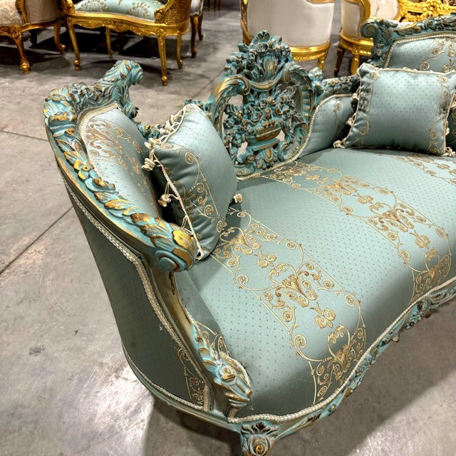 2010s French Style Sky Blue Small Settee For Sale - Image 5 of 12