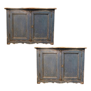 Pair of Late 18th Century Cerulean Blue Painted Italian Cupboards For Sale