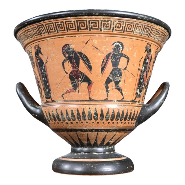 Greek Attic Style Pottery Krater W/Black Figures of Warriors & Dancers For Sale