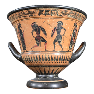 Greek Attic Style Pottery Krater W/Black Figures of Warriors & Dancers