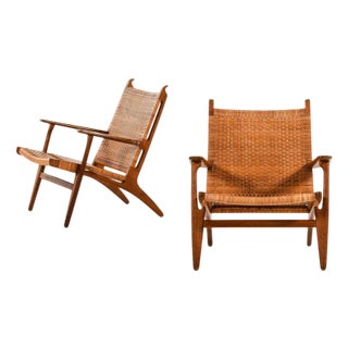 Set of Easy Chairs Model Ch-27 in Oak & Woven Cane attributed to Hans Wegner, 1949 For Sale