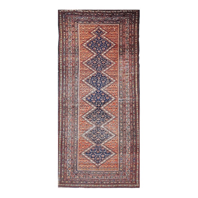 Vintage Persian Malayer Gallery Rug, Hand-Knotted Wool, Geometric Pattern, 7x17, Brick Red & Blue For Sale