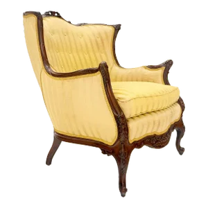 Striped Gold Upholstery Fine Deep Carved Mahogany Frame Lounge Chair Solid Frame