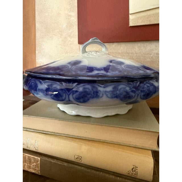 Blue Antique English Flow Blue Covered Tureen | Staffordshire Serving Dish | Attributed Adams & Son | Victorian Transferware For Sale - Image 8 of 12