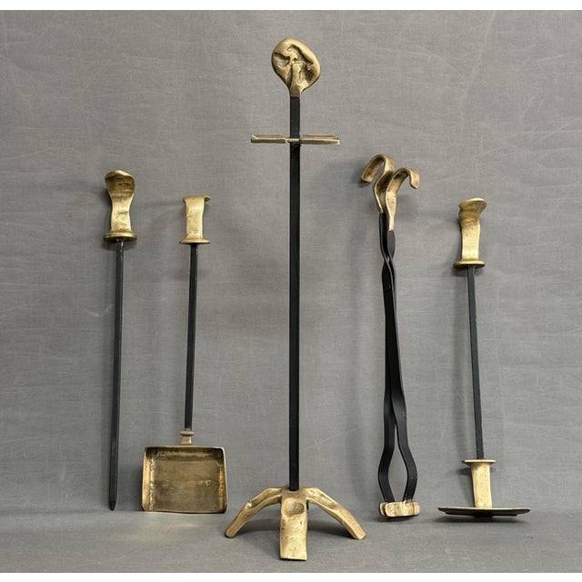 Metal Vintage Brutalist Fireplace Tools in Bronze by David Marshall, 1975, Set of 5 For Sale - Image 7 of 9