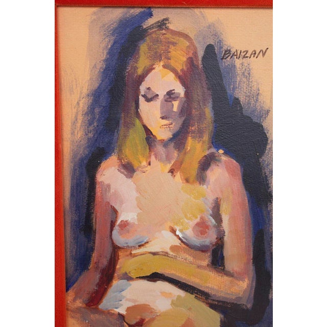 USA, 1970s Female nude painting in bold colors on thick paper, gilt frame with a persimmon velvet matte. Signed 'Baizan'....